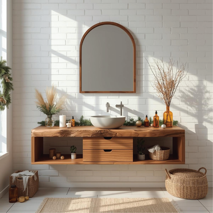 Handcrafted Solid Wood Floating Bathroom Vanity with Center Drawer and Natural Live Edge Design Kitchnce