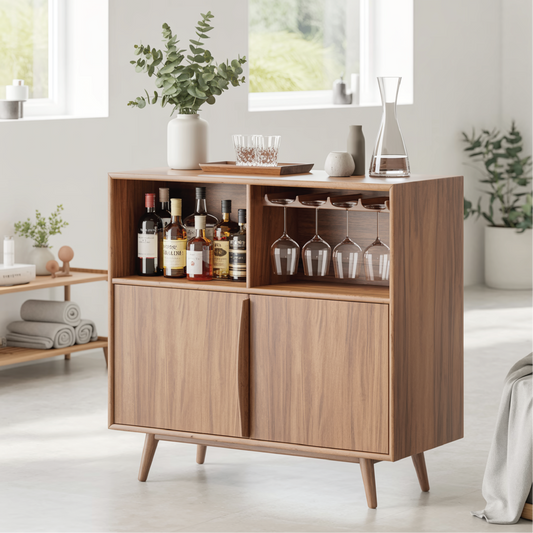Handcrafted Solid Wood Dining Cabinet with Wine Storage and Glass Holder Shelves Kitchnce