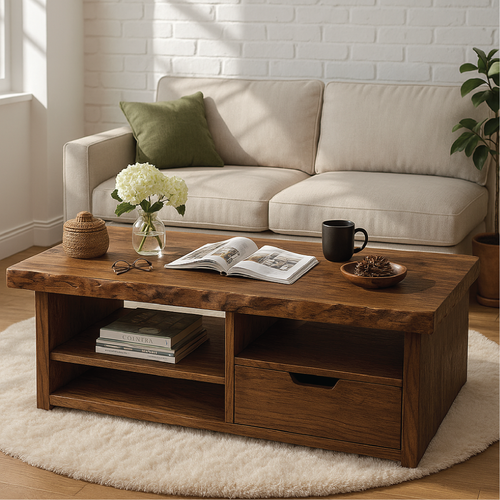 Handcrafted Solid Wood Coffee Table with Drawer and Open Shelves in Natural Live Edge Design Kitchnce
