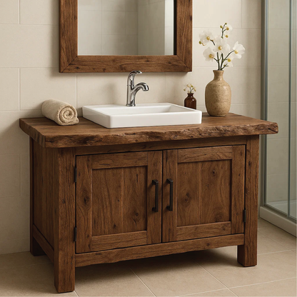 Rustic Handcrafted Solid Wood Bathroom Vanity with Natural Live Edge Top and Double Doors Kitchnce