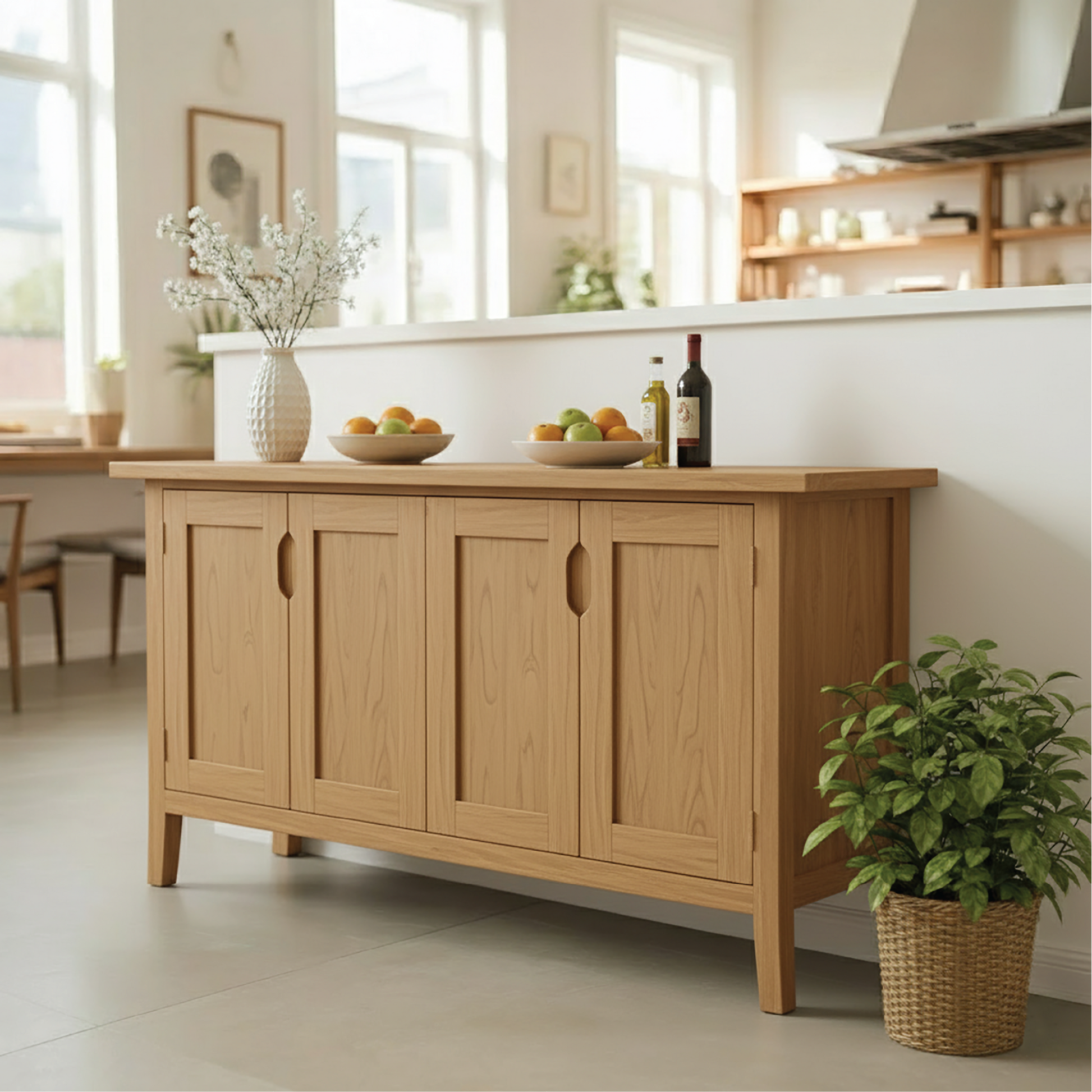 Handcrafted Solid Wood Dining Storage Cabinet with Four Paneled Doors for Modern Interiors Kitchnce