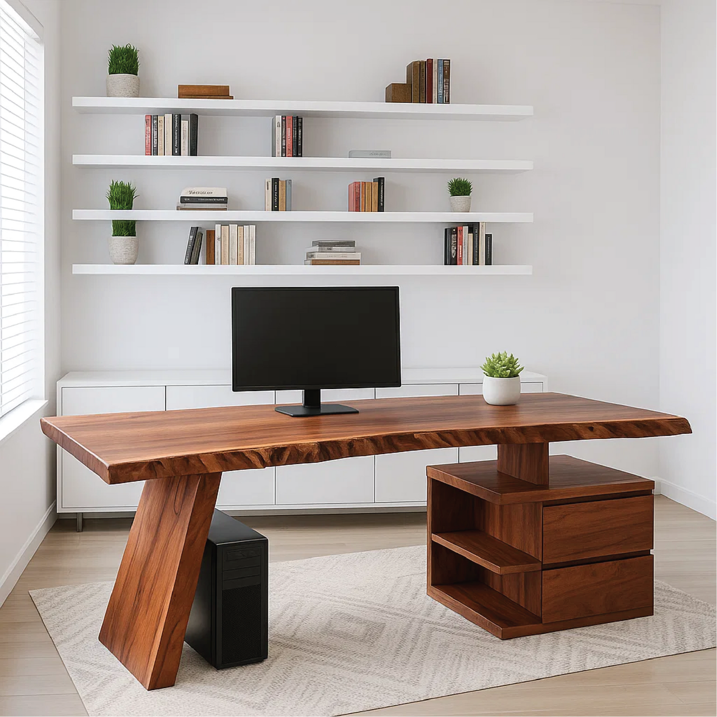 Handcrafted Solid Wood Work Desk – Live Edge Executive Office Table with Modern Asymmetric Base Kitchnce