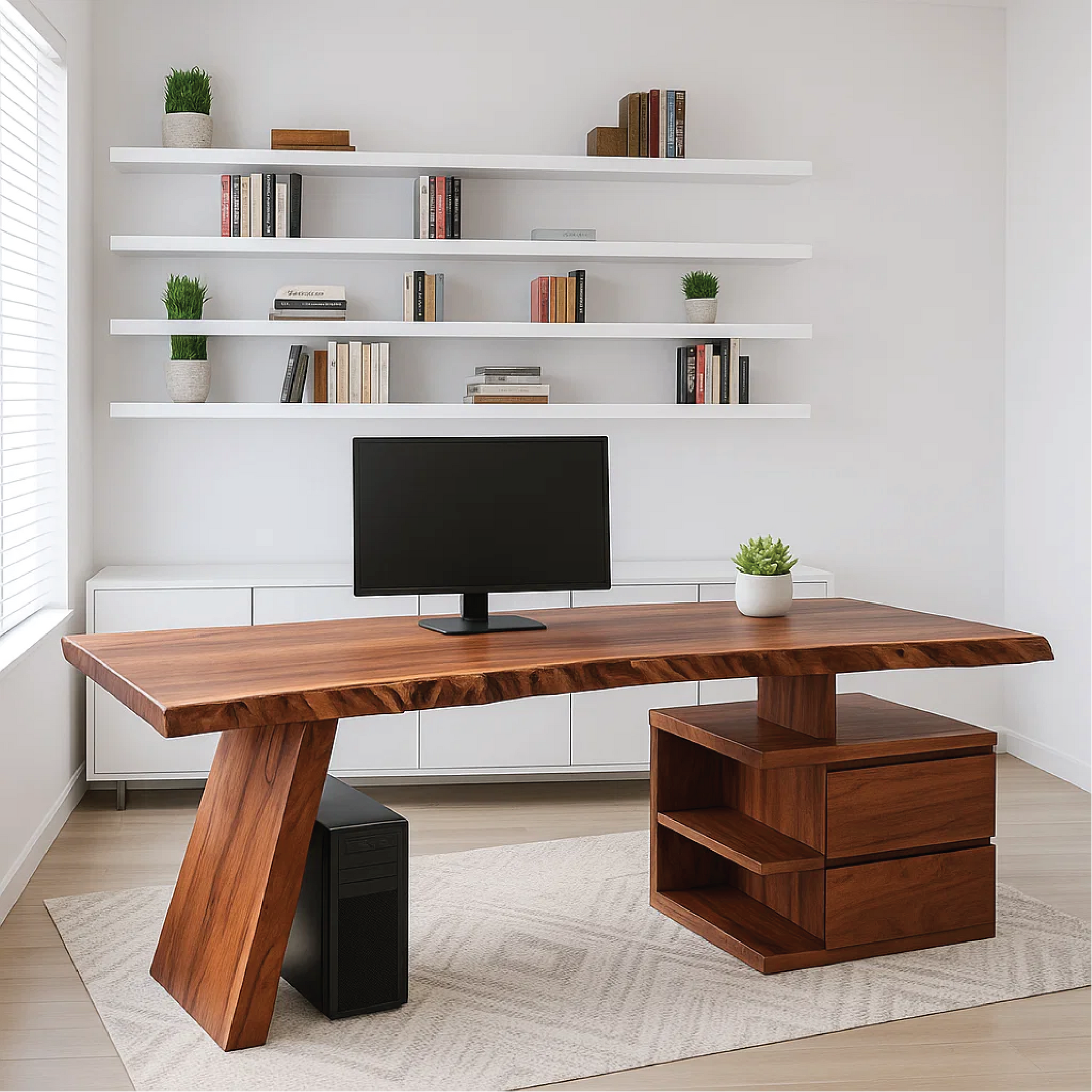 Handcrafted Solid Wood Work Desk – Live Edge Executive Office Table with Modern Asymmetric Base Kitchnce