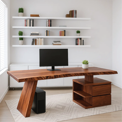 Handcrafted Solid Wood Work Desk – Live Edge Executive Office Table with Modern Asymmetric Base Kitchnce