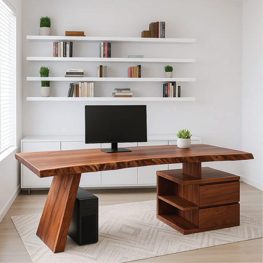 Handcrafted Solid Wood Work Desk – Live Edge Executive Office Table with Modern Asymmetric Base Kitchnce