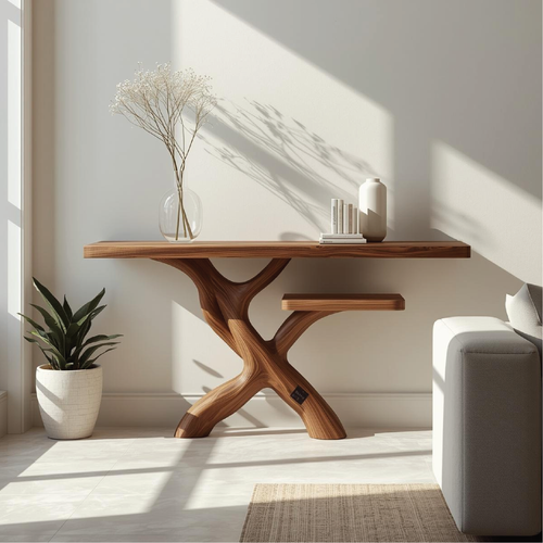 Handcrafted Solid Wood Console Table with Modern Branch-Inspired Base and Minimalist Design Kitchnce