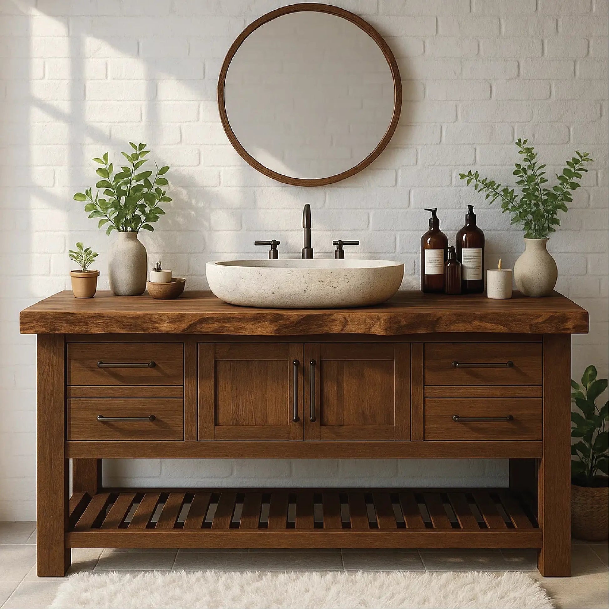 Rustic Solid Wood Bathroom Vanity with Live Edge Top and Modern Farmhouse Storage Design Kitchnce
