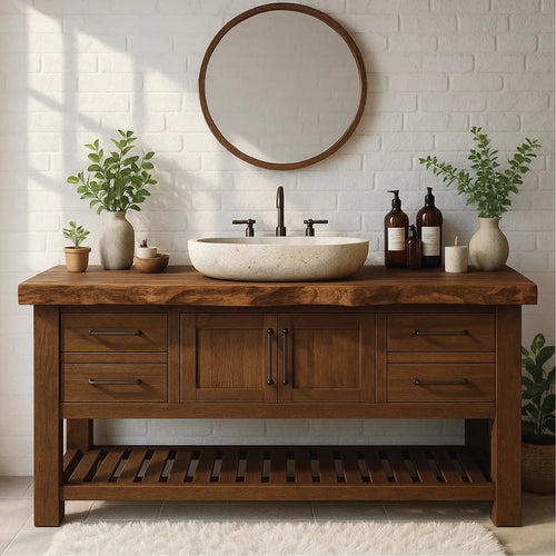 Rustic Solid Wood Bathroom Vanity with Live Edge Top and Modern Farmhouse Storage Design Kitchnce