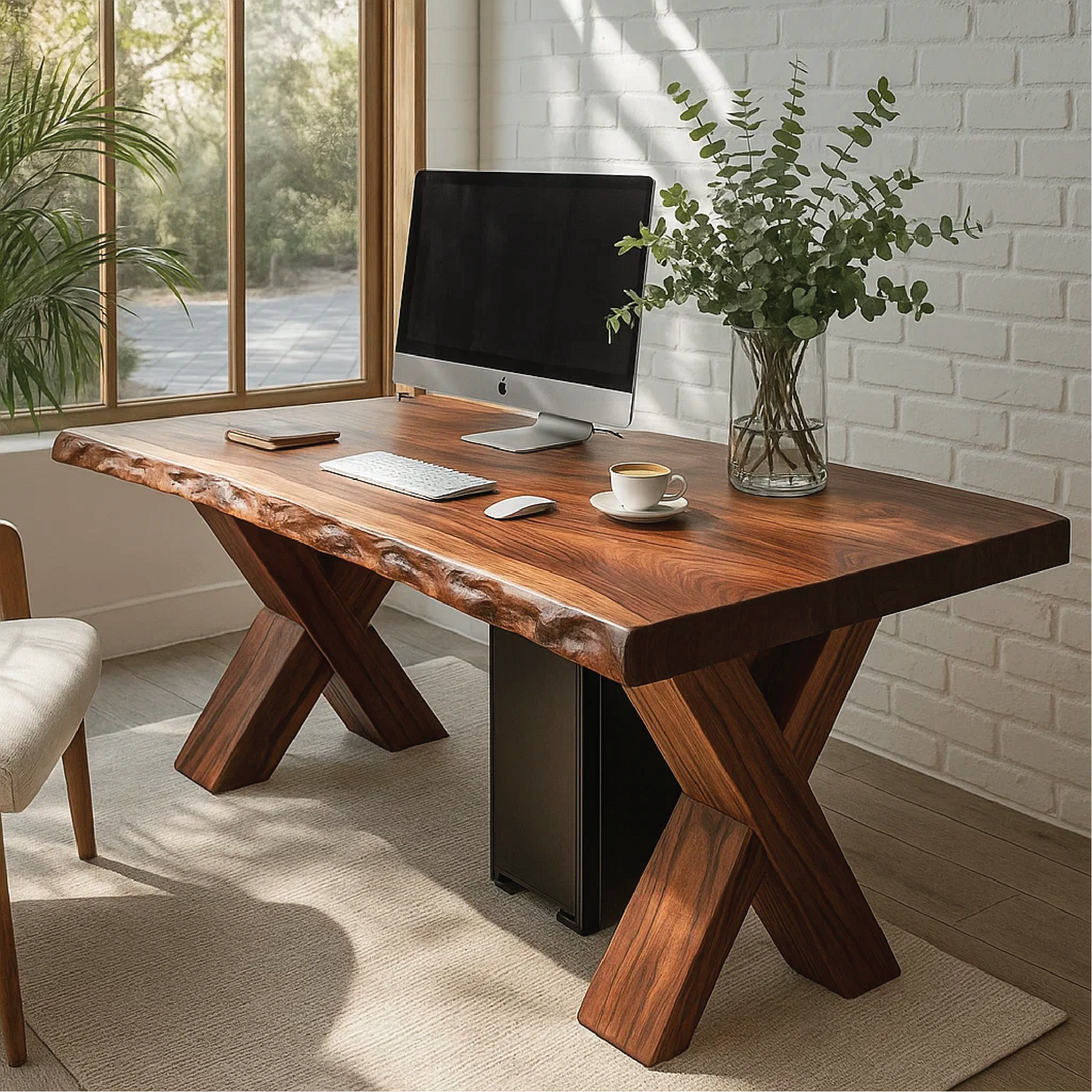 Handcrafted Solid Wood Work Desk – Live Edge Office Table with X-Leg Base and Natural Finish Kitchnce