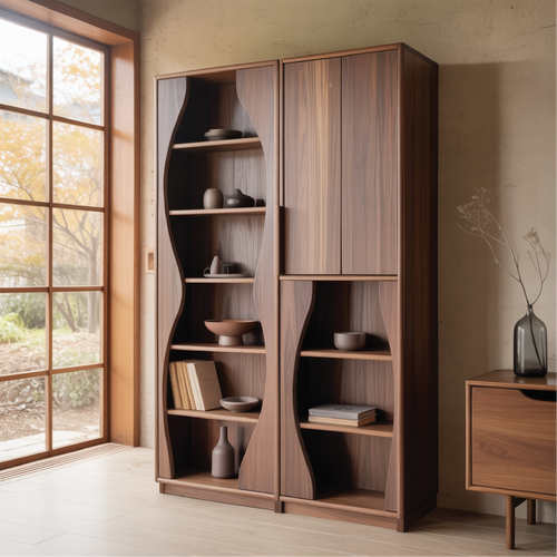Handcrafted Solid Wood Dining Cabinet with Sculpted Curved Panels and Open Display Shelves Kitchnce