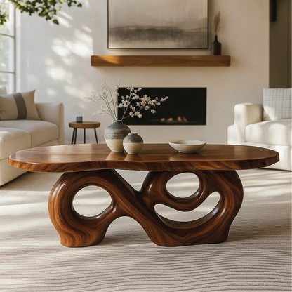 Handcrafted Solid Wood Coffee Table with Artistic Curved Base and Organic Sculptural Design Kitchnce