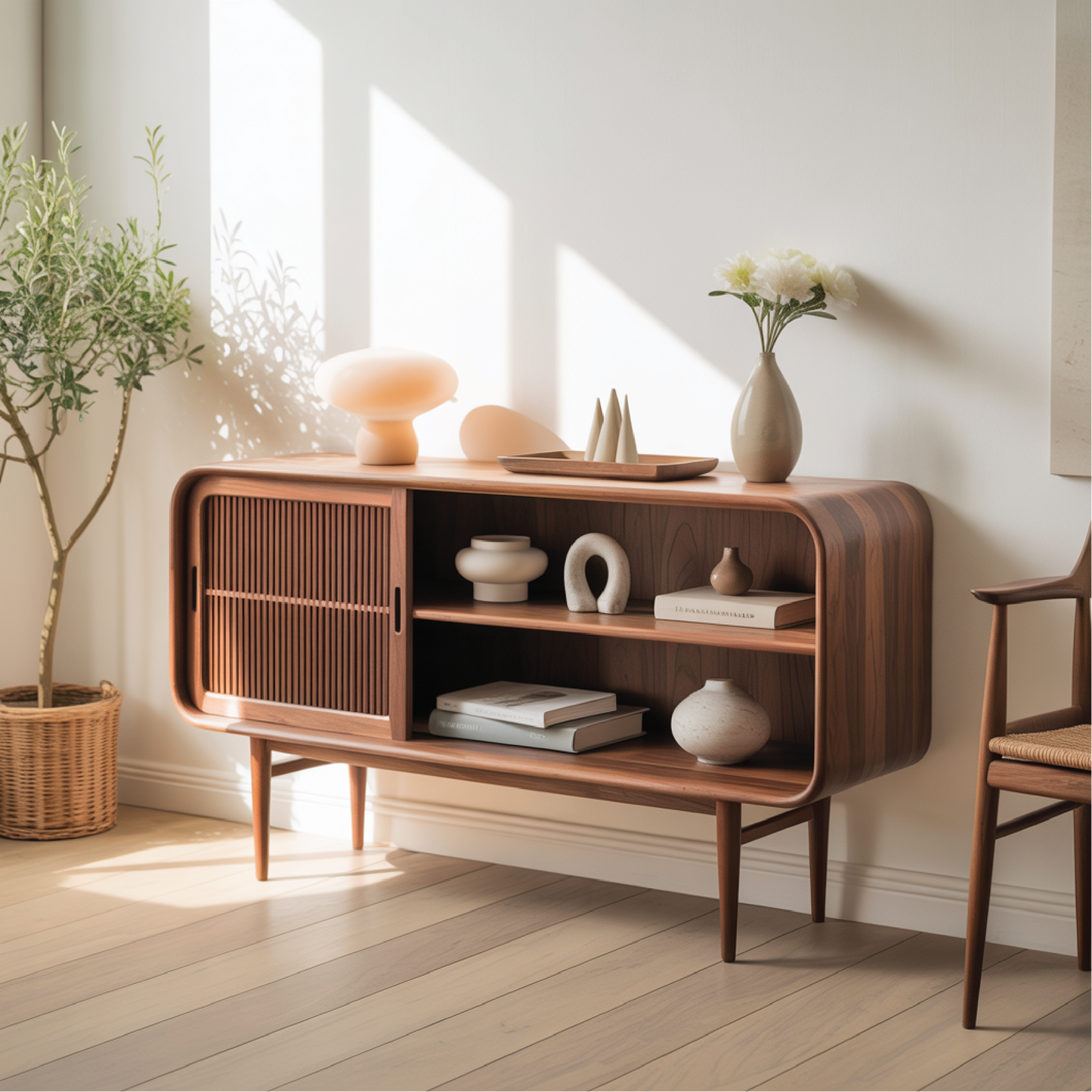 Solid Wood Console Table with Sliding Door – Handcrafted Mid-Century Storage Cabinet Kitchnce