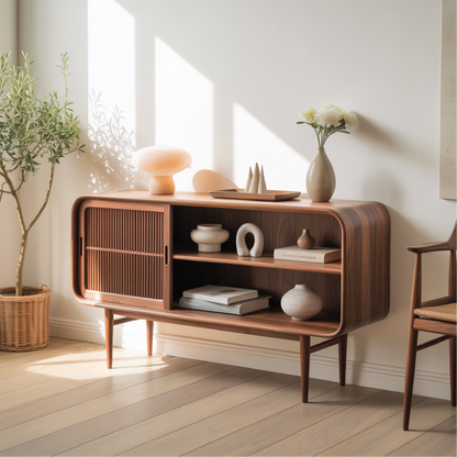 Solid Wood Console Table with Sliding Door – Handcrafted Mid-Century Storage Cabinet Kitchnce