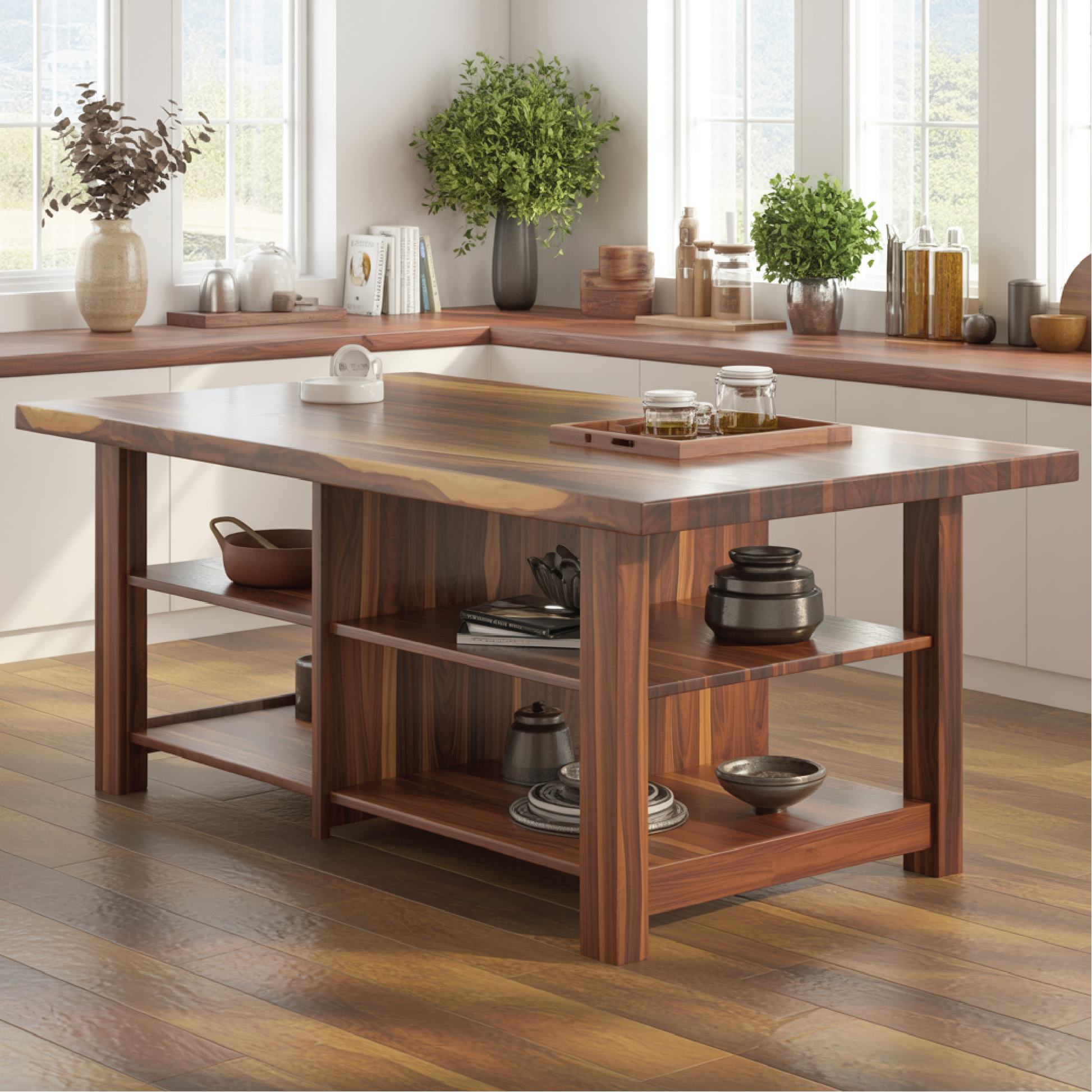 Handcrafted Solid Wood Dining Table with Open Storage Shelves for Warm Modern Kitchens Kitchnce