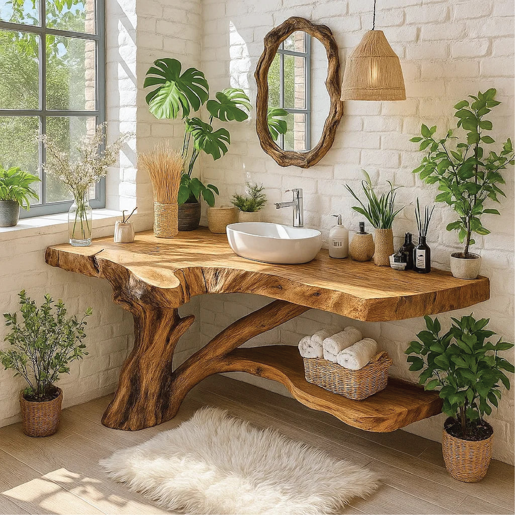 Handcrafted Solid Wood Bathroom Vanity with Natural Tree Trunk Base and Live Edge Design Kitchnce