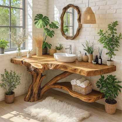 Handcrafted Solid Wood Bathroom Vanity with Natural Tree Trunk Base and Live Edge Design Kitchnce