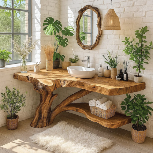 Handcrafted Solid Wood Bathroom Vanity with Natural Tree Trunk Base and Live Edge Design Kitchnce