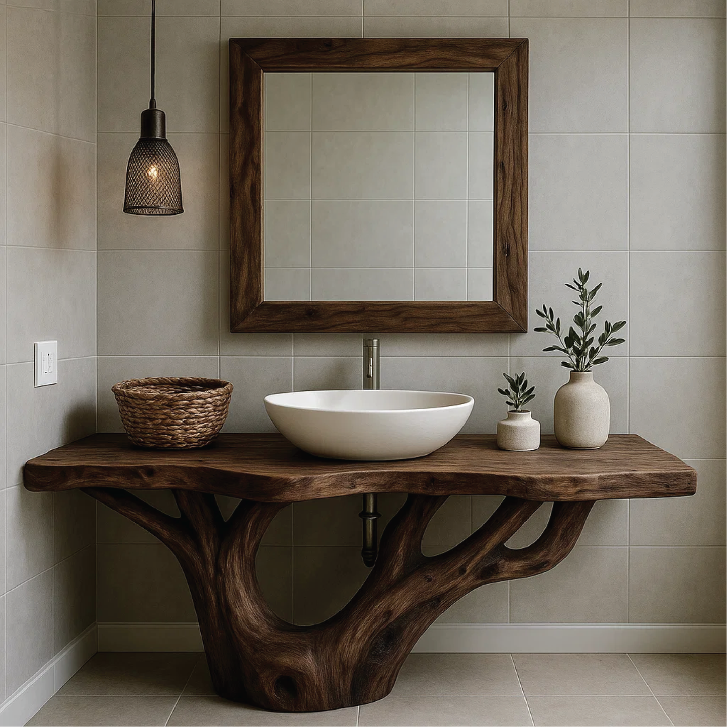 Handcrafted Solid Wood Bathroom Vanity with Organic Tree-Inspired Base and Natural Finish Kitchnce