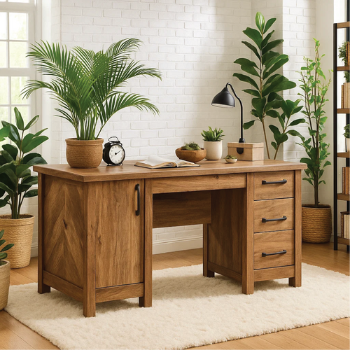 Handcrafted Solid Wood Office Desk – Rustic Work Table with Drawers and Natural Walnut Finish