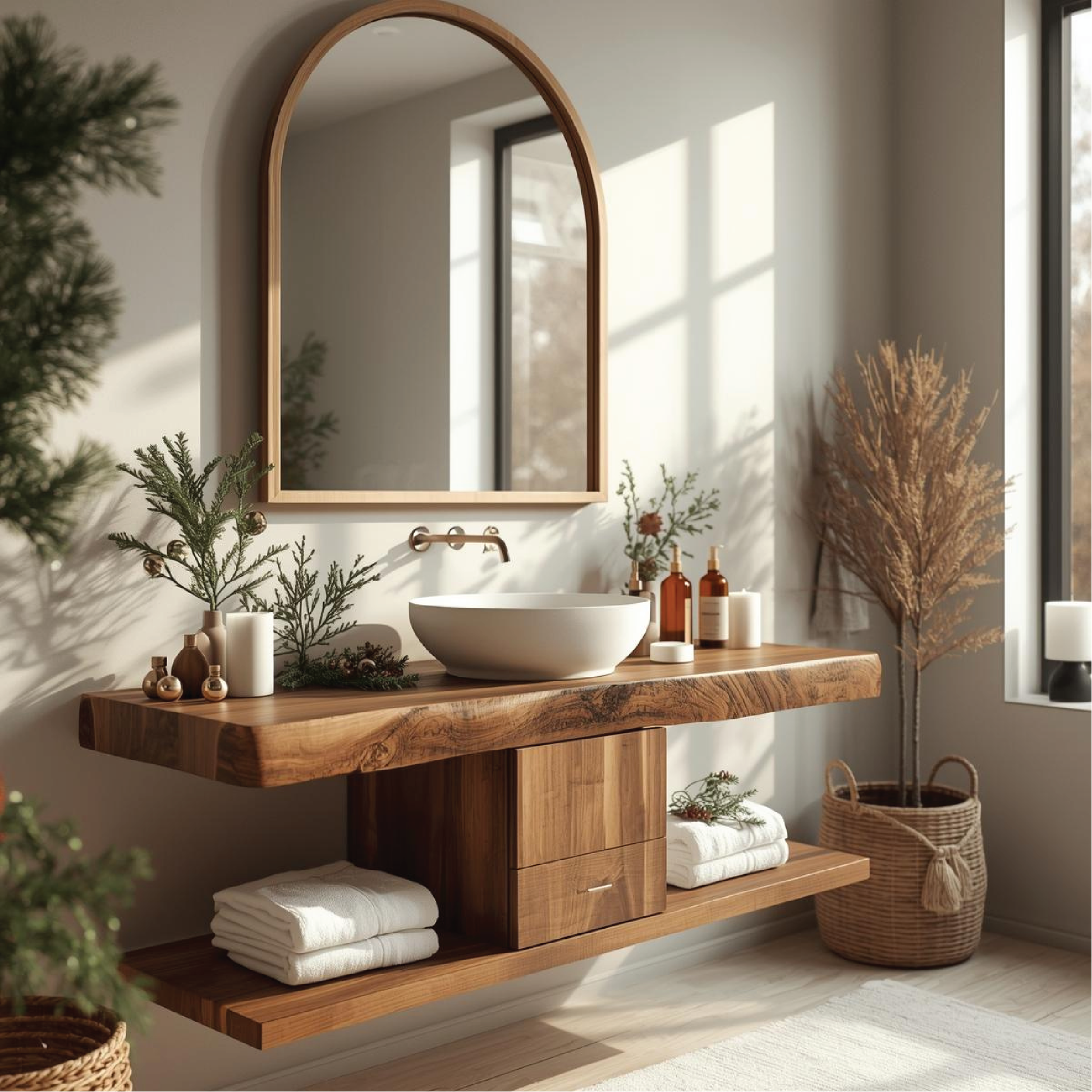 Handcrafted Solid Wood Floating Bathroom Vanity with Center Drawer and Natural Live Edge Top Kitchnce