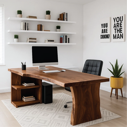 Handcrafted Solid Wood Office Desk – Live Edge Executive Work Table with Organic Curved Base Design Kitchnce