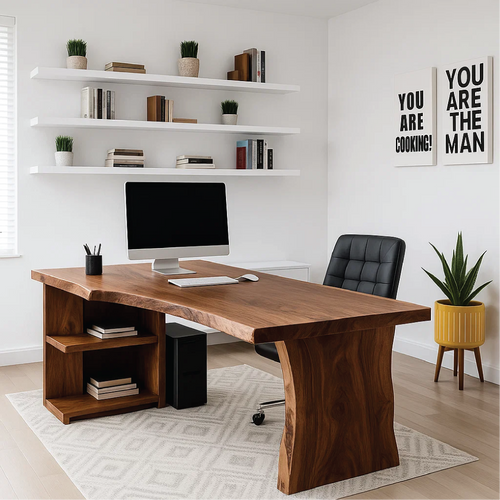Handcrafted Solid Wood Office Desk – Live Edge Executive Work Table with Organic Curved Base Design Kitchnce