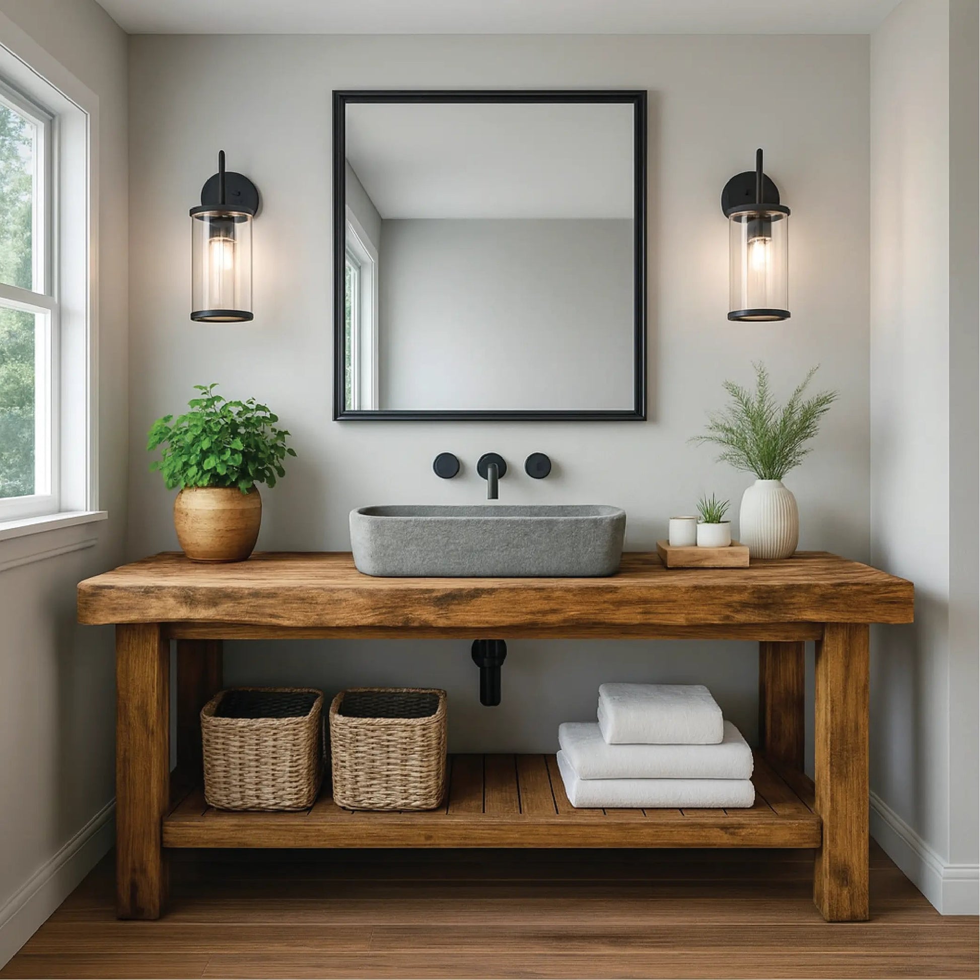 Rustic Solid Wood Bathroom Vanity with Slatted Shelf and Natural Finish for Handcrafted Interiors Kitchnce