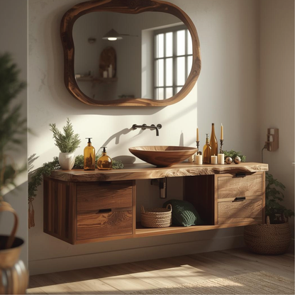 Handcrafted Solid Wood Floating Bathroom Vanity with Live Edge Countertop and Natural Mirror Kitchnce