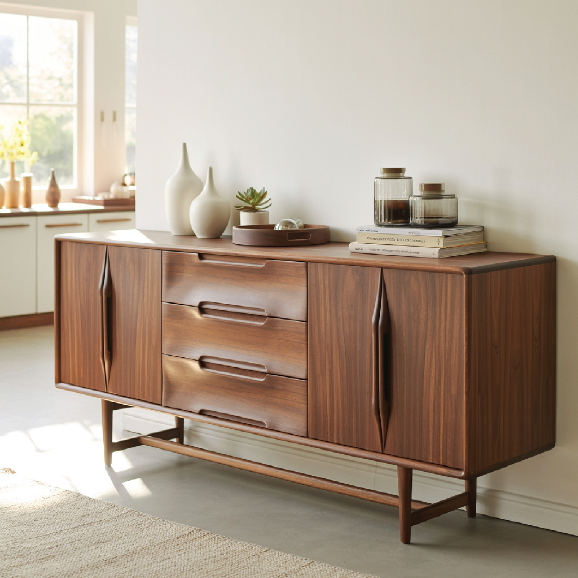 Handcrafted Solid Wood Dining Storage Sideboard with Sculpted Handles and Mid-Century Design Kitchnce