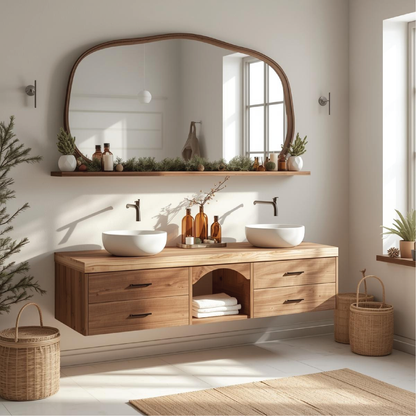 Handcrafted Solid Wood Floating Double Sink Vanity with Drawers and Natural Finish for Bathroom Kitchnce