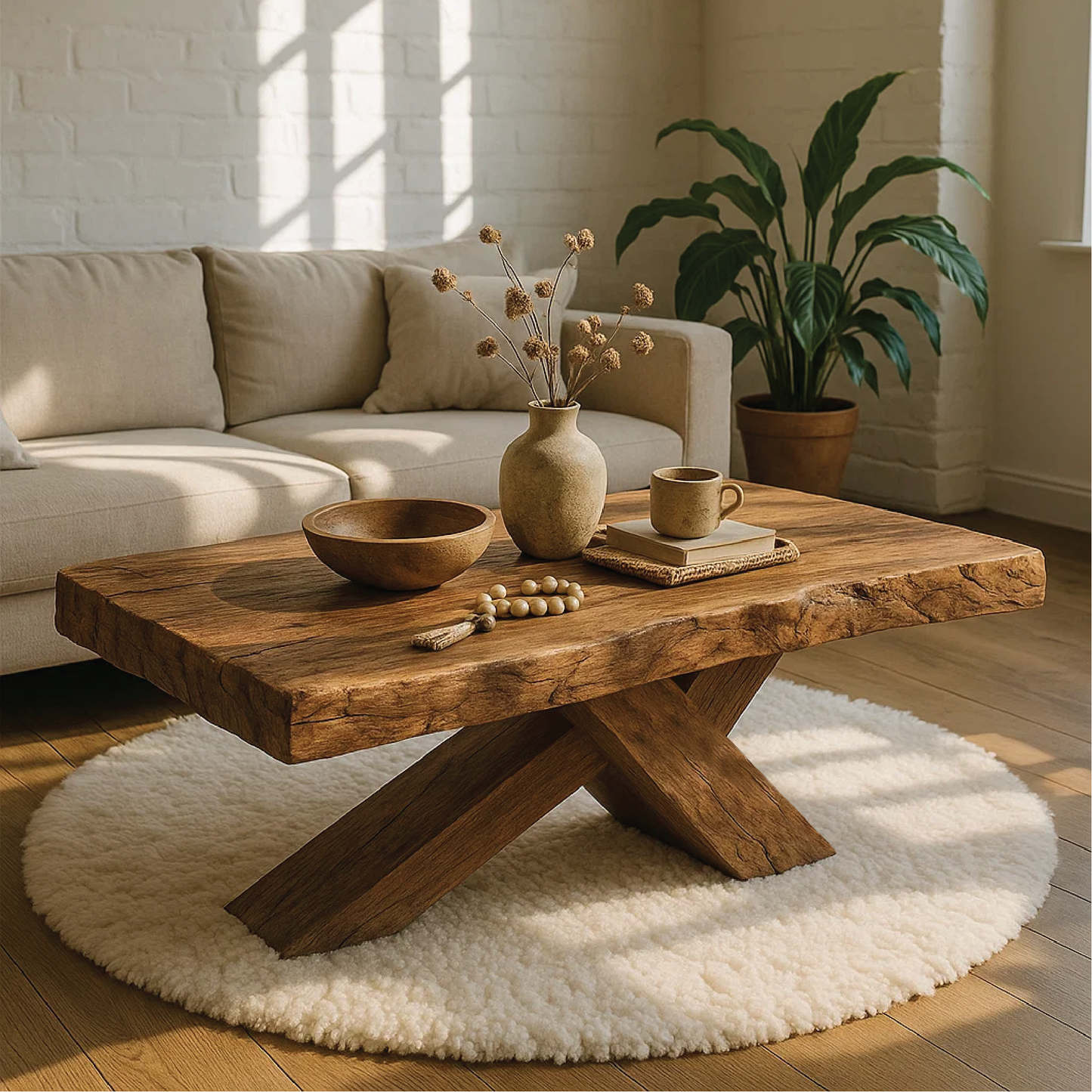 Handcrafted Solid Wood Coffee Table with Rustic Live Edge and Cross-Leg Modern Design Kitchnce