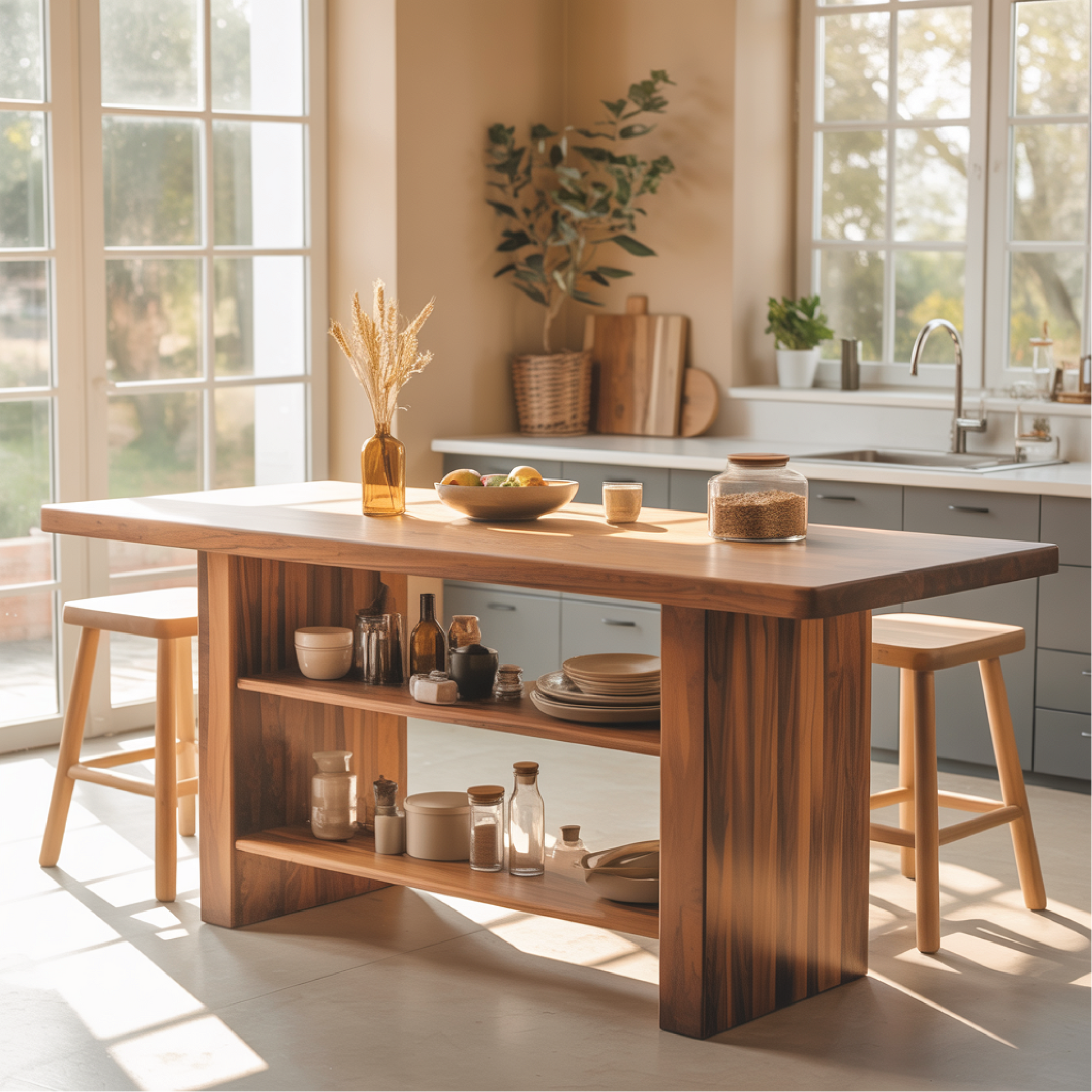 Handcrafted Solid Wood Dining Table with Built-In Storage Shelves for Modern Kitchen Spaces Kitchnce
