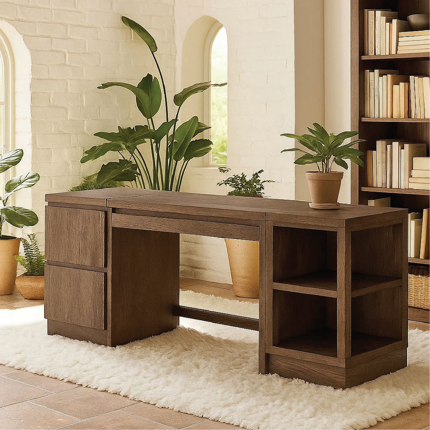 Handcrafted Solid Wood Work Desk – Modern Office Table with Storage Drawers and Open Shelves Kitchnce