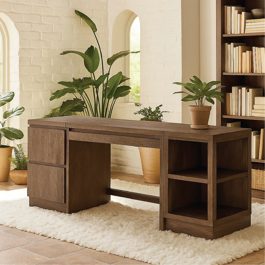 Handcrafted Solid Wood Work Desk – Modern Office Table with Storage Drawers and Open Shelves Kitchnce