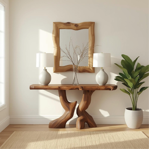 Handcrafted Solid Wood Console Table with Artistic Curved Base and Natural Live Edge Design Kitchnce