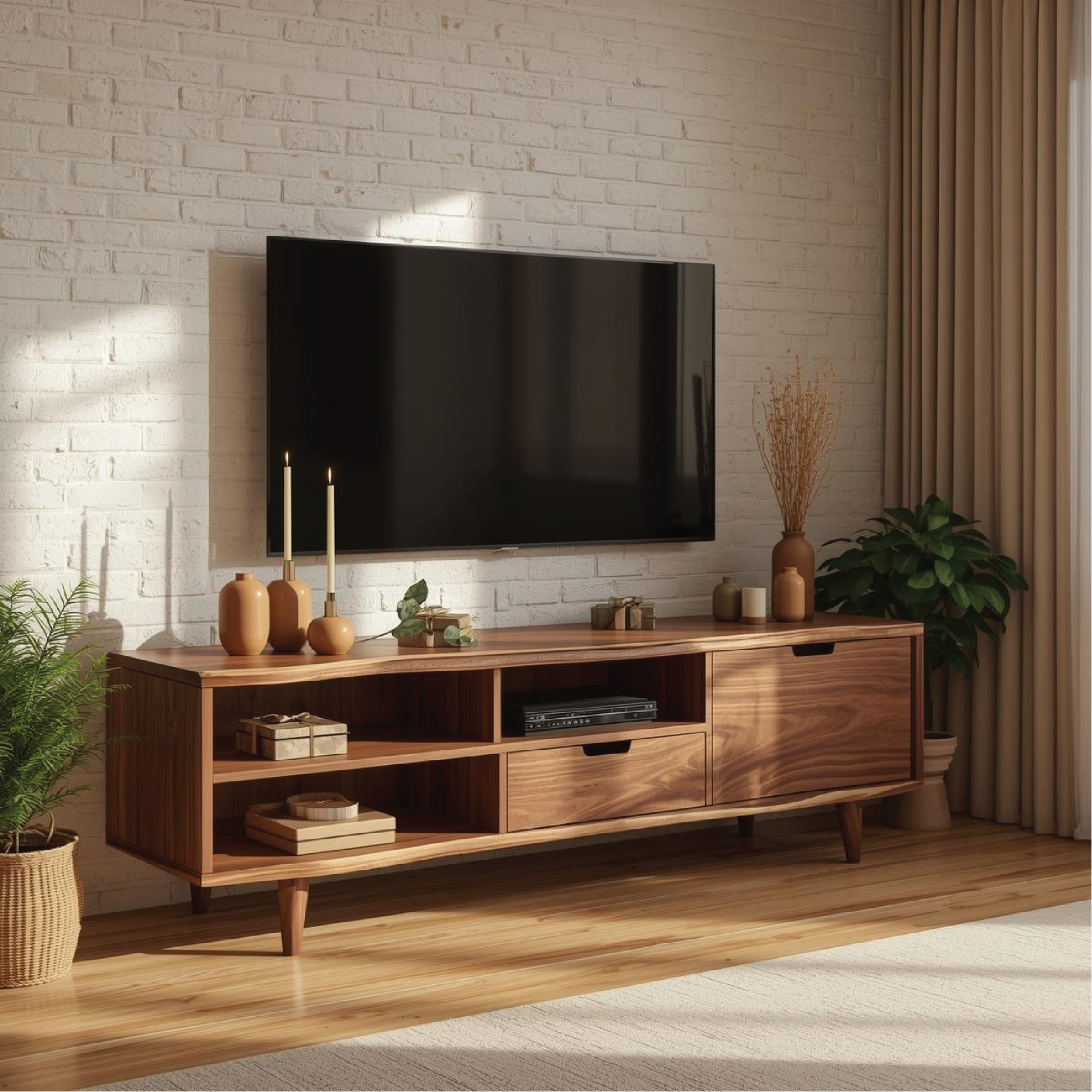 Handcrafted Solid Wood TV Stand with Mid-Century Modern Design and Open Storage Shelves Kitchnce