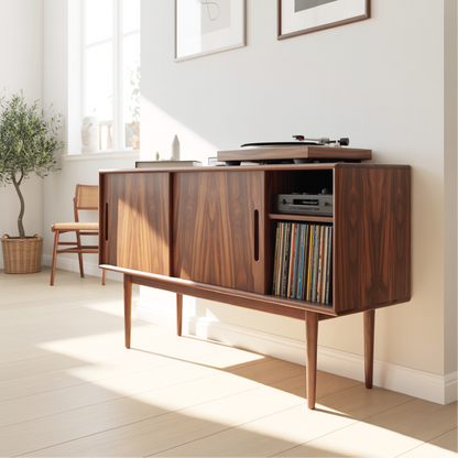 Solid Wood Console Table with Sliding Doors – Mid-Century Style Storage Cabinet for Living Room Kitchnce