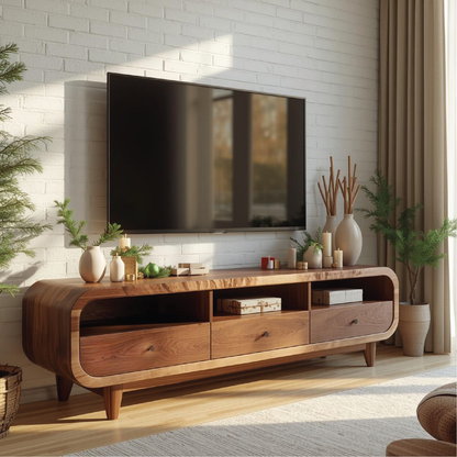 Handcrafted Solid Wood TV Stand with Rounded Edges and Natural Finish for Contemporary Living Rooms Kitchnce