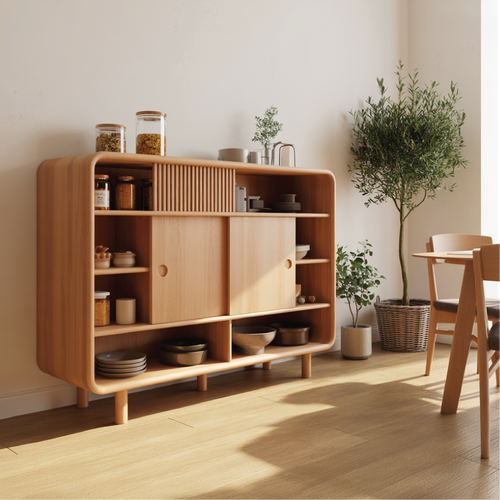 Solid Wood Console Table with Sliding Doors - Modern Storage Cabinet with Open Shelves Kitchnce