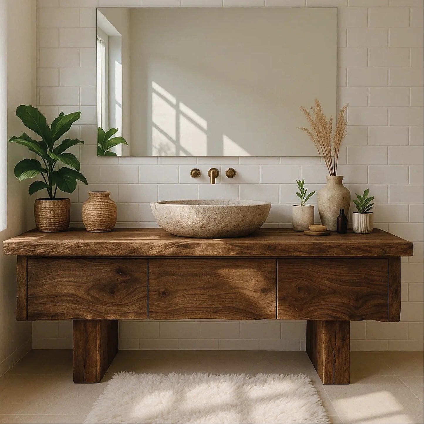 Handcrafted Solid Wood Bathroom Vanity with Live Edge Top and Minimalist Modern Design Kitchnce
