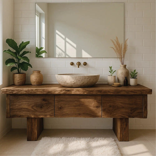 Handcrafted Solid Wood Bathroom Vanity with Live Edge Top and Minimalist Modern Design Kitchnce