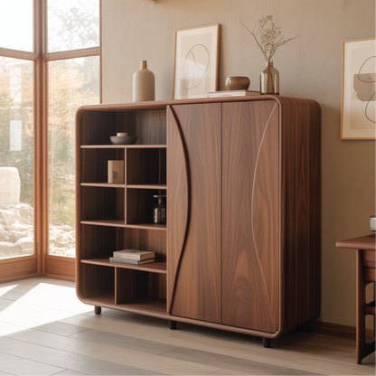 Handcrafted Solid Wood Dining Cabinet with Open Shelves and Curved Door Design for Modern Homes Kitchnce