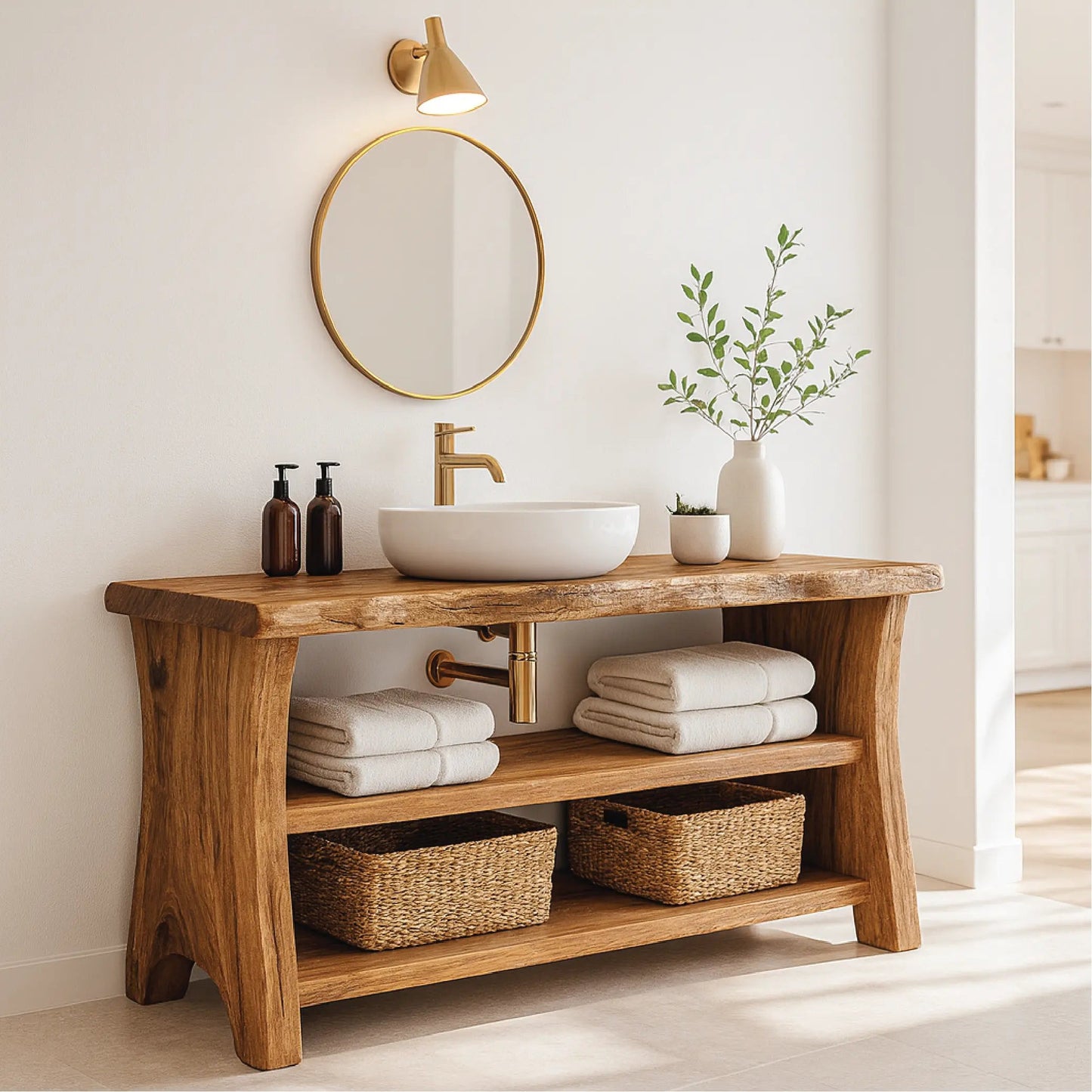 Handcrafted Solid Wood Bathroom Vanity with Live Edge Design and Open Shelf Bathroom Storage Kitchnce