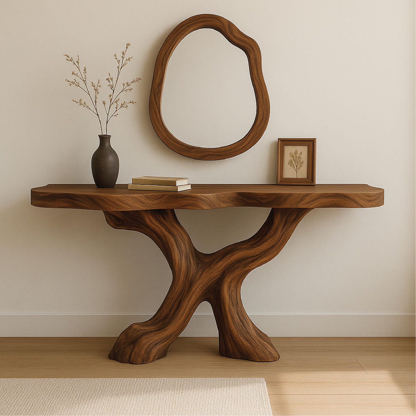 Handcrafted Solid Wood Console Table with Organic Flowing Base and Smooth Natural Finish Kitchnce