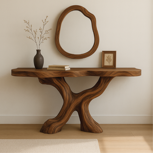 Handcrafted Solid Wood Console Table with Organic Flowing Base and Smooth Natural Finish Kitchnce