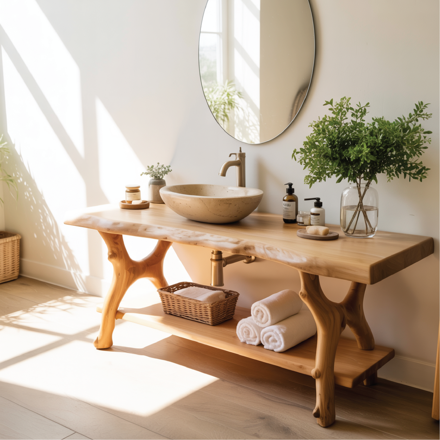Solid Wood Bathroom Vanity with Natural Live Edge Design – Handcrafted Luxury Sink Console Kitchnce