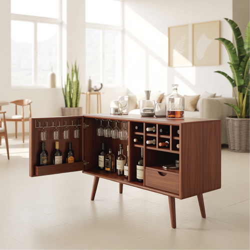 Solid Wood Wine Storage Cabinet with Glass Holders, Bottle Racks and Modern Mid-Century Design Kitchnce