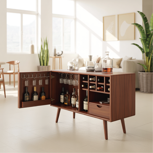 Solid Wood Wine Storage Cabinet with Glass Holders, Bottle Racks and Modern Mid-Century Design Kitchnce