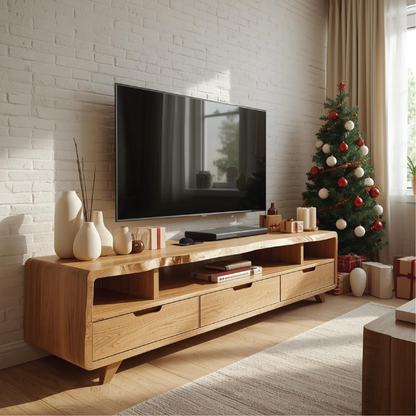 Handcrafted Solid Wood TV Stand with Curved Edges and Storage Drawers for Scandinavian Interiors Kitchnce