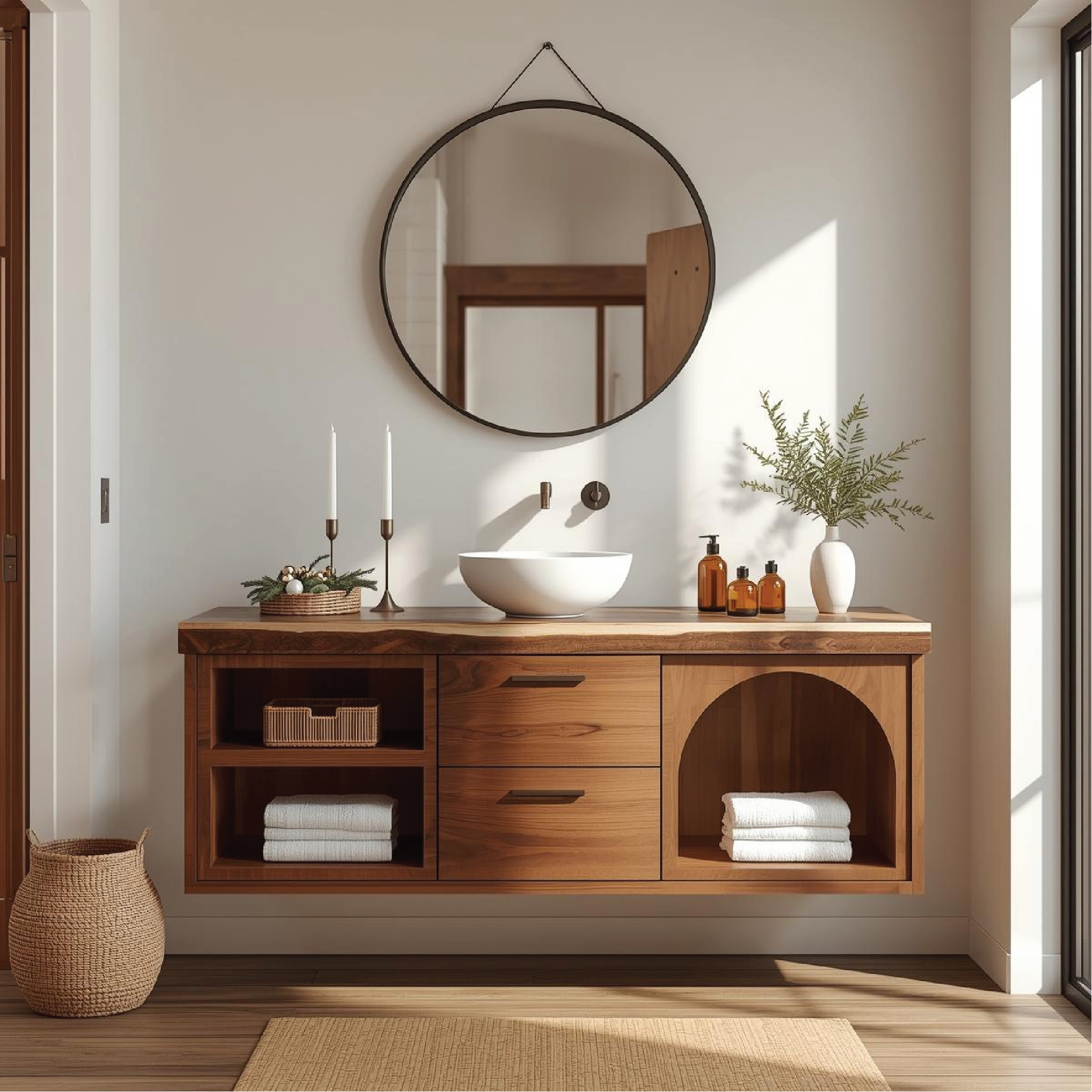 Handcrafted Solid Wood Floating Vanity with Arched Shelves and Contemporary Natural Finish Kitchnce